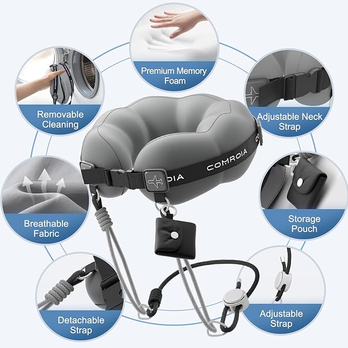 Travel Neck Pillow for Airplane, Super Soft Neck Support Travel Pillow - Lightweight and Stylish Convertible Style - Ergonomic Design for Long Flights, Car, Train & Office Use (Grey)