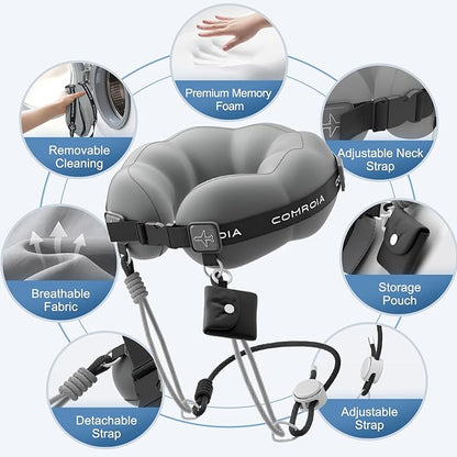 Travel Neck Pillow for Airplane, Super Soft Neck Support Travel Pillow - Lightweight and Stylish Convertible Style - Ergonomic Design for Long Flights, Car, Train & Office Use (Grey)