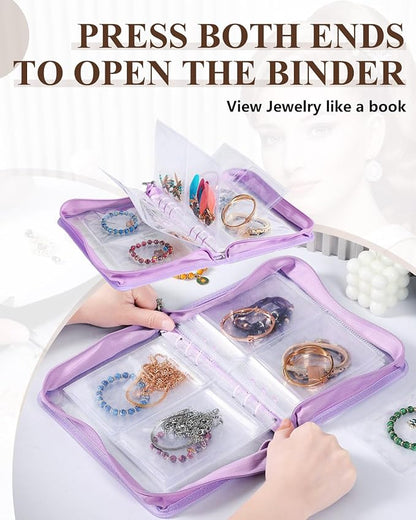 AOLEIXIYA Jewelry Organizer Book Clear Travel earring book organizer Transparent Jewelry Book with Zipper Pouch Bags (Purple,With 48 PCS Large Jewelry Bags)