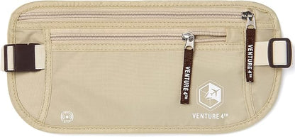 VENTURE 4TH Travel Money Belt - Slim Passport Holder RFID Blocking Travel Pouch to Protect Cash, Credit Cards and Travel Documents (Beige)