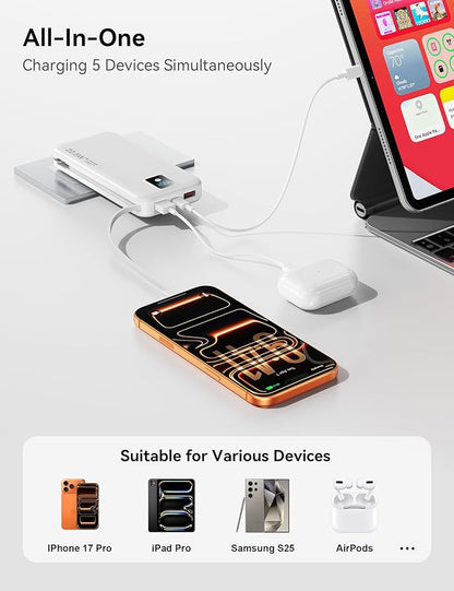 Portable Charger, 12000mAh 22.5W Fast Charging Power Bank with Built-in Cables & Wall Plug, Travel Essentials Battery Pack with LED Display, USB C External Battery Bank for iPhone iPad, Samsung White