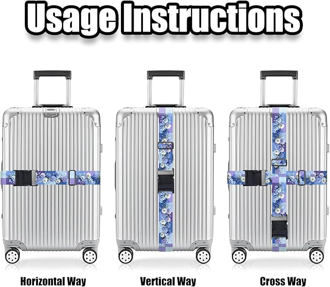 Nuxovilar Luggage Straps of 2 Set Blue & Purple Flowers Pattern, 1.96x90.5 inches - Luggage Straps for Suitcases, Nice for Travel, Weekend Trips, Vacations