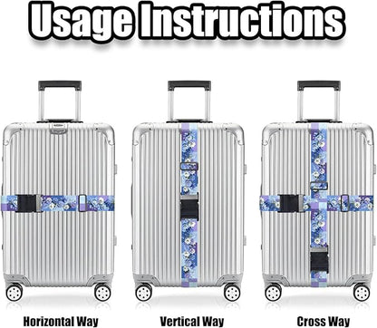 Nuxovilar Luggage Straps of 2 Set Blue & Purple Flowers Pattern, 1.96x90.5 inches - Luggage Straps for Suitcases, Nice for Travel, Weekend Trips, Vacations