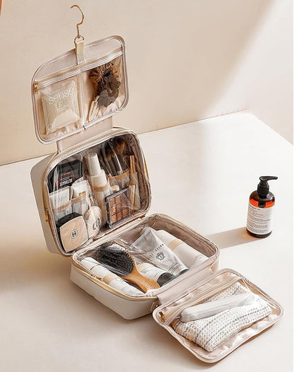 EACHY Travel Toiletry Bag with Hanging Hook, Portable Makeup Cosmetic Bags for Women, Water-Resistant Full-Size Travel Accessories (Plait White)