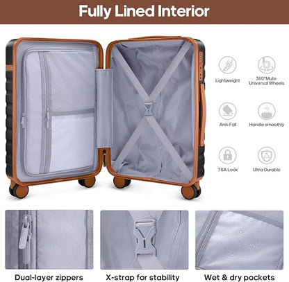 Luggage Sets 3 Piece, Carry On Luggage 20In With Spinner Wheels,PC Hardside Suitcase Set with TSA Lock,Durable Carry On Suitcase With Travel Backpack for Men (Black Brown, 3 piece set (BP/20inch))