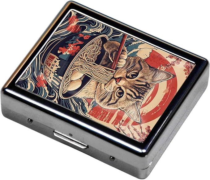 7 Days Chromed Shiny Silver Pill Organizer with Mirror Inside Has 8 Separate Compartments Rectangle,Versatile Storage for Medication - Ideal Travel Accessory (A cat Eating Noodles)