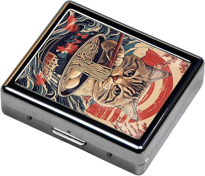 7 Days Chromed Shiny Silver Pill Organizer with Mirror Inside Has 8 Separate Compartments Rectangle,Versatile Storage for Medication - Ideal Travel Accessory (A cat Eating Noodles)