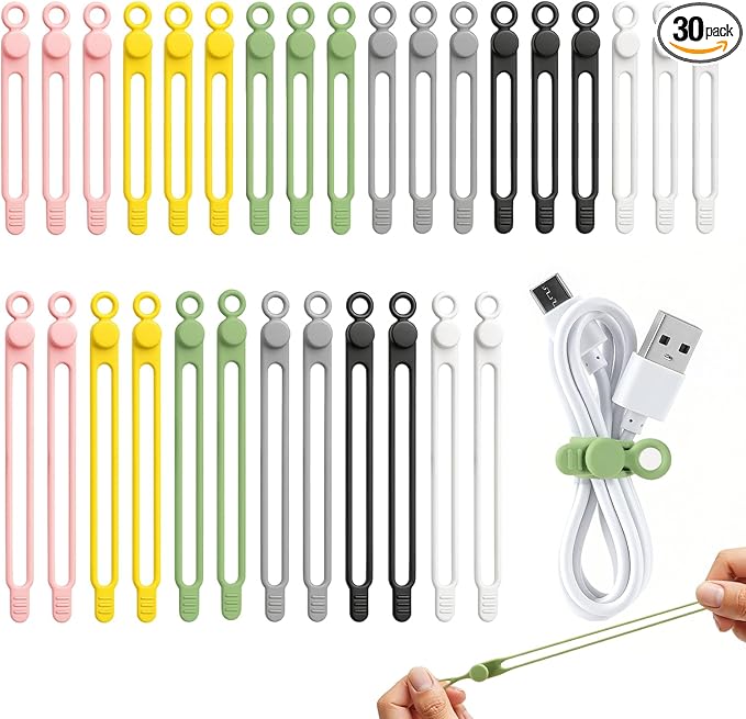 30 Pcs Silicone Data Cable Organizer, Reusable Cable Ties Wire Organizers for Office, Multipurpose Elastic Cord Wraps Cable Management for Charging Cord,Appliances,Home,Office,Kitchen,School,Travel