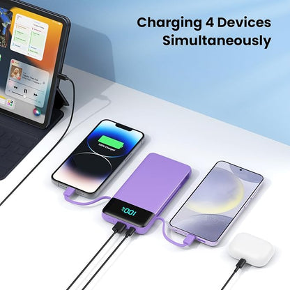 Portable Charger for iPhone with Built in Cables and Wall Plug,Upgraded 13800mAh Fast Charging USB C Power Bank,4 Outputs Travel Essential Battery Pack Compatible with iPhone 15/14/13,Samsung-Purple