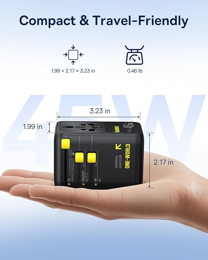 Baseus 45W European Travel Plug Adapter, 6-in-1 Universal Power Adapter with USB-C Retractable Cable, PD Fast Charging GaN International Travel Essentials for Over 200 Countries - Picogo AG11