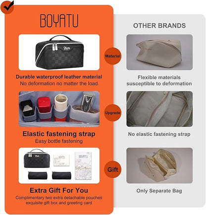 BOYATU Travel Makeup Bags for Women: Vegan Leather Cosmetic Bag Set of 3 - Large Capacity Make up Bag with Divider - Wide Open Waterproof Toiletry Organizer Bag with Handle (L13-Black)