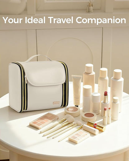 Hanging Toiletry Bag, PU Leather Makeup Bag Large Capacity with Jewelry Organizer for Brushes Set, Cosmetic Accessories, Beige