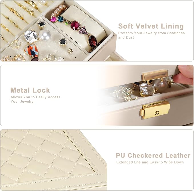 GUOER Jewelry Box for Women Girl Wife - Large PU Leather Jewelry Organizer Storage Case with Two Layers Display for Earrings Bracelets Rings Watches (Apricot)