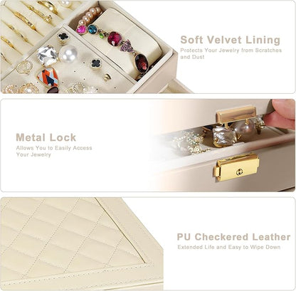 GUOER Jewelry Box for Women Girl Wife - Large PU Leather Jewelry Organizer Storage Case with Two Layers Display for Earrings Bracelets Rings Watches (Apricot)