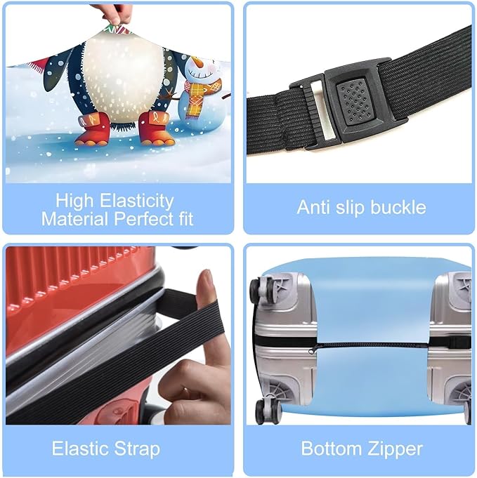 Christmas Penguin Luggage Cover – Cute Winter Penguin Suitcase Protector, Holiday Travel Luggage Sleeve, Stretchable & Waterproof, M