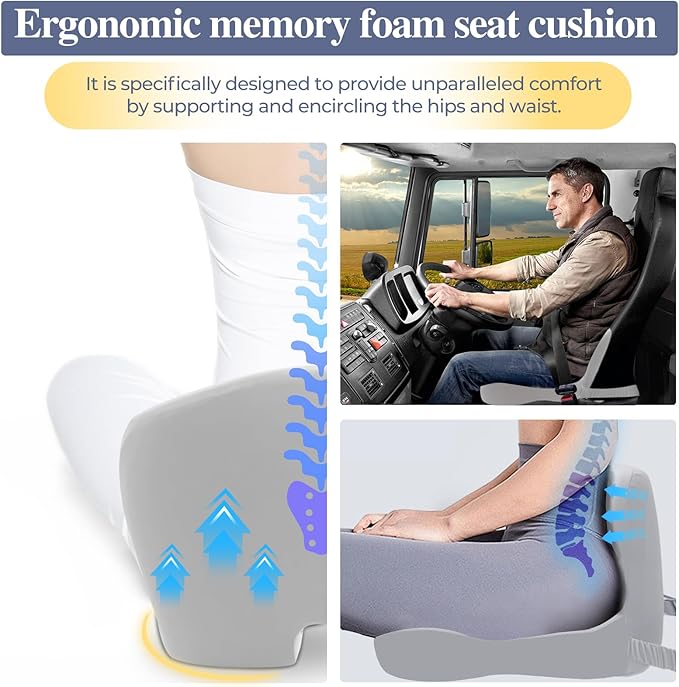 Memory Foam Seat Cushion for Sciatica & Back Pain Relief - Ergonomic Chair Pad with Adjustable Strap & Supportive Comfort Cover, Non-Slip for Car, Truck, Office Chair - Light Gray