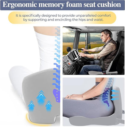 Memory Foam Seat Cushion for Sciatica & Back Pain Relief - Ergonomic Chair Pad with Adjustable Strap & Supportive Comfort Cover, Non-Slip for Car, Truck, Office Chair - Light Gray