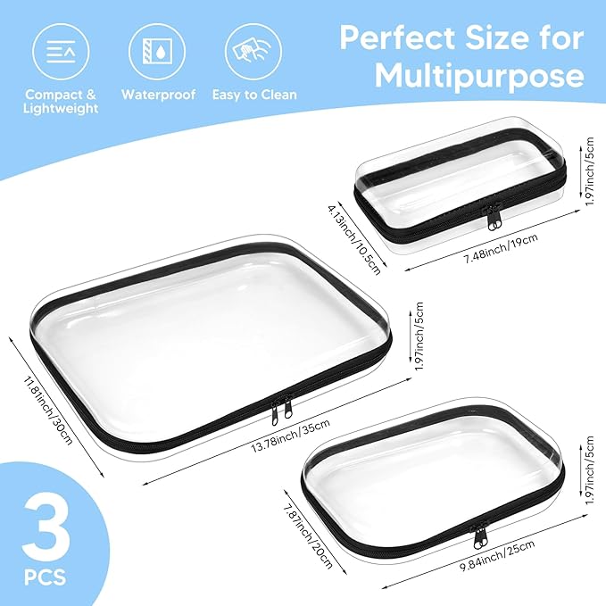 3 Pack Zippered Hard Pouch, Clear Hard Shell Zipper Case, Clear Plastic Storage Box Containers Small Toiletry Bag for Small Items, Toys, Building Blocks, Puzzles, Cosmetics&Stationery, 3 Size