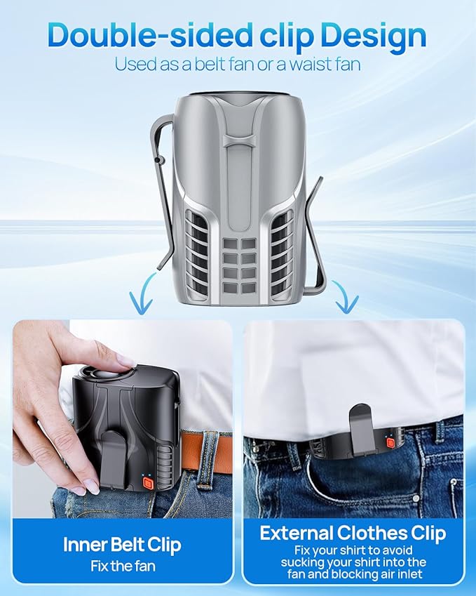 2025 Portable Personal Waist Fan& Neck Fan, 14000RPM Brushless Motor, 40H Runtime Rechargeable, 6-Speed Quiet Operation, Clip-On Personal Body Cooling for Camping/Worksites/Outdoor