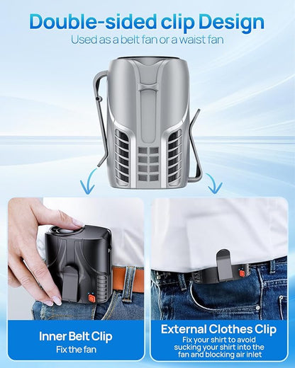 2025 Portable Personal Waist Fan& Neck Fan, 14000RPM Brushless Motor, 40H Runtime Rechargeable, 6-Speed Quiet Operation, Clip-On Personal Body Cooling for Camping/Worksites/Outdoor