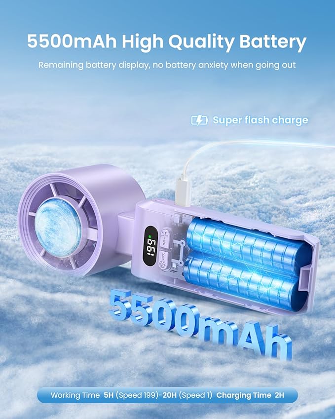 2 Pack Handheld Portable Turbo Fan with Ice Cooler, Speed (1-199) 5500mAh*2 Rechargeable Personal Fan,[20H Cooling Time] Mini Yet Powerful, Small Pocket Fans for Travel/Outdoor/Office, Purple