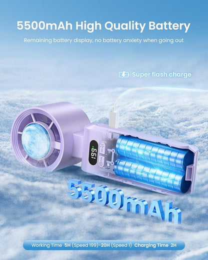 Handheld Portable Turbo Fan with Ice Cooler, Speed (1-199) 5500mAh Rechargeable Personal Fan,[20H Cooling Time] Mini Yet Powerful [20000 RPM] Small Pocket Fans for Travel/Outdoor/Home/Office, Purple