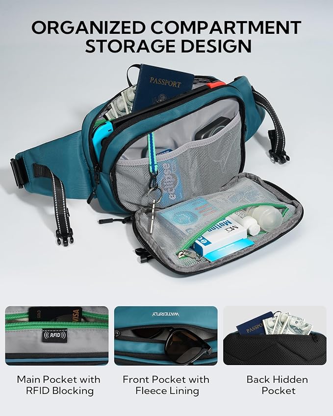 WATERFLY 3L Large Fanny Pack, 180° Opening Hip Pouch with Multi-Pockets, Anti-Theft RFID Blocking Waist Bag for Women Men Traveling Hiking Daily Use-Teal