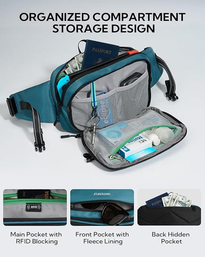 WATERFLY 3L Large Fanny Pack, 180° Opening Hip Pouch with Multi-Pockets, Anti-Theft RFID Blocking Waist Bag for Women Men Traveling Hiking Daily Use-Teal