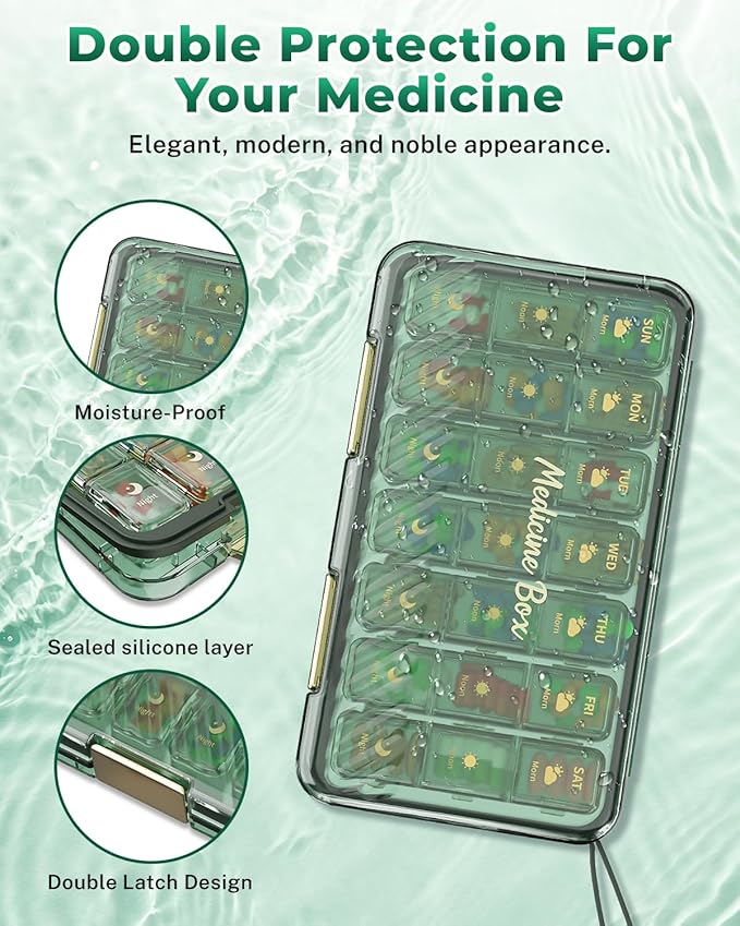 Weekly Pill Organizer 3x a Day - 7 Day Pill Box with 21 Compartments (Morning/Noon/Night), BPA-Free Daily Pill Case, Portable Medicine Organizer for Vitamins, Supplements & Medication【Upgrade】 (Green)