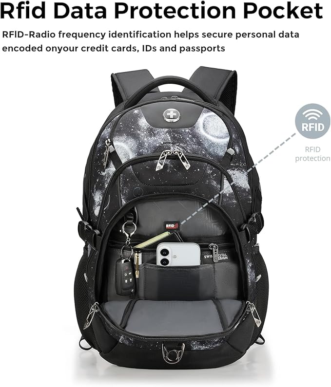 Swissdigital Laptop Backpack with USB Charging Port, Travel Backpack Fits 15.6 inches Computer, 31L Backpack for Men, Starry Sky | SD803-98