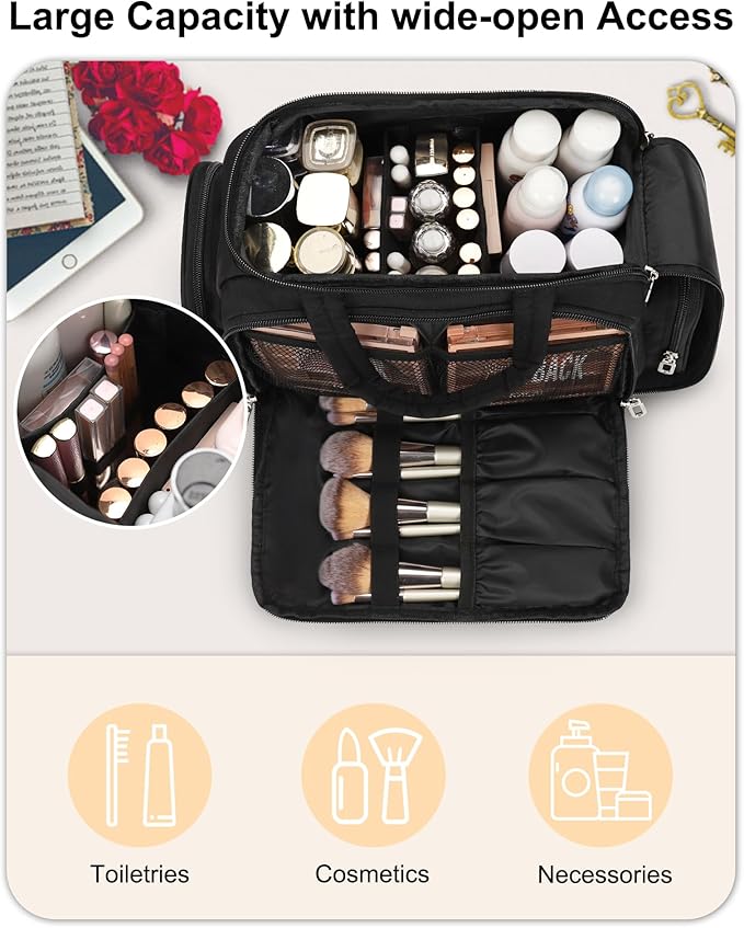 Travel Makeup Bag, Lightweight Wide-open Toiletry Bag for Women, Portable Cosmetic Bag Organizer with Handle for Accessories, Brushes Set, Travel-Sized Container for Trip, Camping - Black