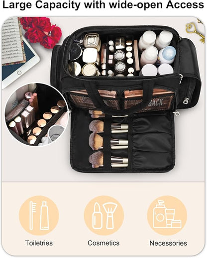 Travel Makeup Bag, Lightweight Wide-open Toiletry Bag for Women, Portable Cosmetic Bag Organizer with Handle for Accessories, Brushes Set, Travel-Sized Container for Trip, Camping - Black
