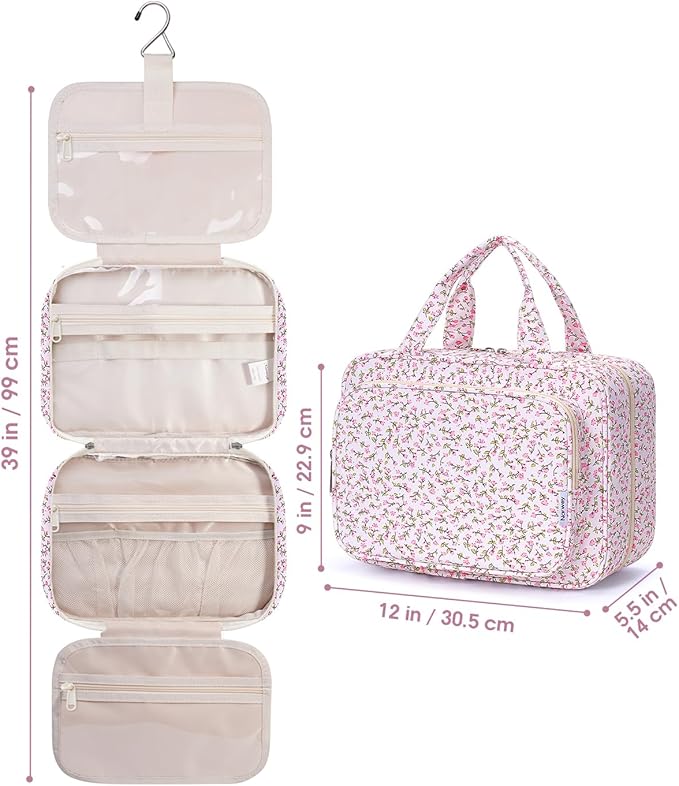 Narwey Travel Toiletry Bag for Women Large Hanging Makeup Bag Organizer Toiletries Bag for Full Size Essentials Accessories Cosmetics (Green Leaves and Flower (Large))