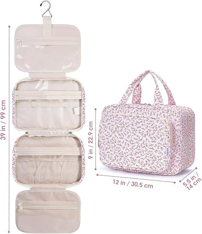 Narwey Travel Toiletry Bag for Women Large Hanging Makeup Bag Organizer Toiletries Bag for Full Size Essentials Accessories Cosmetics (Green Leaves and Flower (Large))