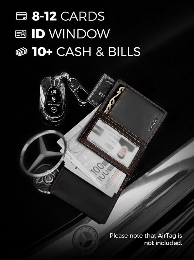 LORZOR Wallet for Men with Metal Card Holder, Pop Up Wallet, Finest Full Grain Leather Trifold Wallet, Smart, Minimalist, RFID Blocking, Front Pocket, ID Window, Black/Orange