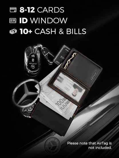 LORZOR Wallet for Men with Metal Card Holder, Pop Up Wallet, Finest Full Grain Leather Trifold Wallet, Smart, Minimalist, RFID Blocking, Front Pocket, ID Window, Black/Orange