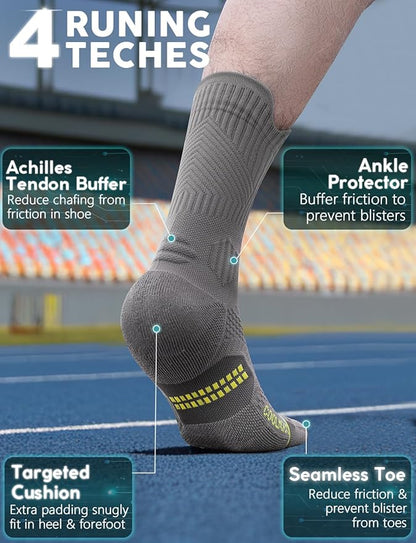 Mens Bamboo Viscose Crew Compression Running Socks Athletic Hiking Cushioned Wicking Anti-Blister Seamless