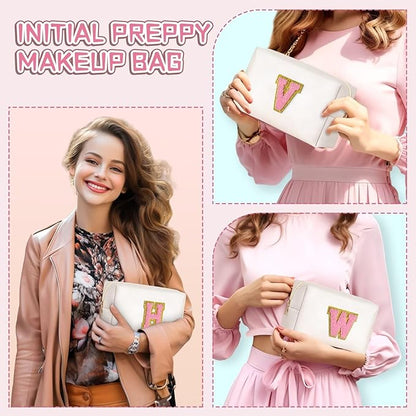 TOPEAST Initial Makeup Bags for Women, Cute Makeup Pouch, Waterproof Travel Toiletry Bag, Personalized Gifts for Girlfriend on Valentine's Day Anniversary, Preppy Stuff Gift for Girl (Pearly White W)