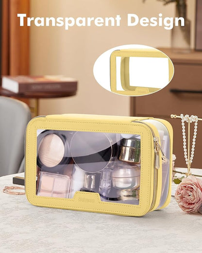 Travel Clear Makeup Bag with Makeup Brush Bag, Leather Makeup Case Toiletry Bag, Portable Cosmetic Bag Case, Transparent Waterproof Cosmetic Organizer Storage Bag for Women, Yellow
