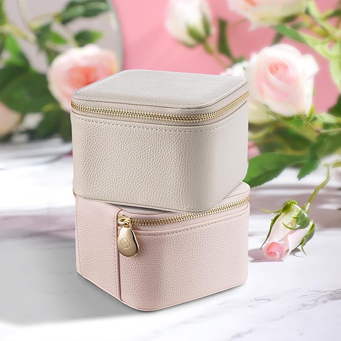 Vlando Small Jewelry Box Organizer,Travel Jewelry Storage with 6 Velvet Jewelry Zipper Pockets,Travel Jewelry Case Valentines Gifts Birthday Gifts for Women Girls (White)