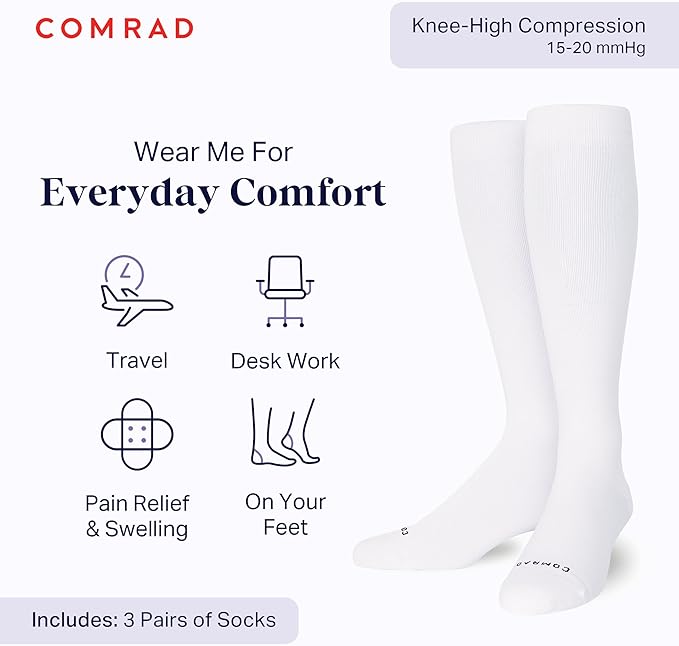 Comrad Nylon Knee High Socks - 15-20mmHg Graduated Compression Socks - Soft & Breathable Support Unisex Socks