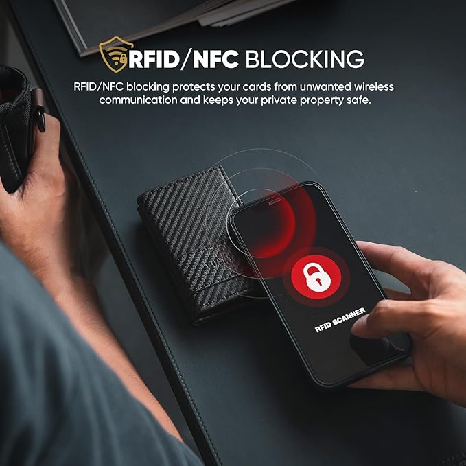 VULKIT Card Holder Bifold Pop Up Leather Wallet for Men RFID Blocking Metal Card Case, Holds 9 Cards and Banknotes Carbon Fiber Black