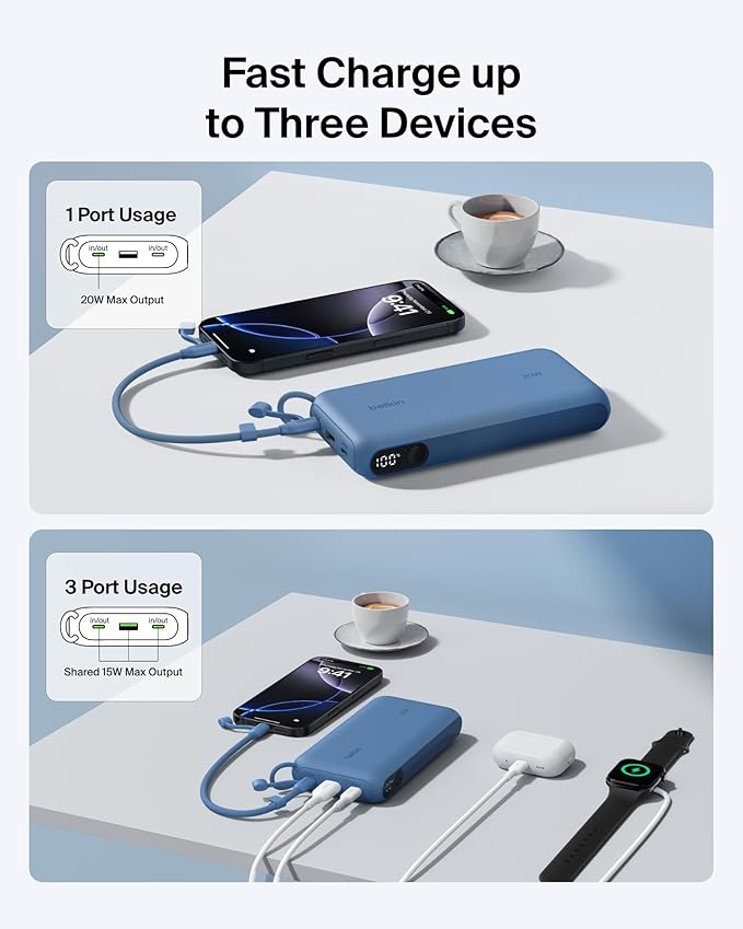 Belkin Portable Charger, USB-C Power Bank 20,000mAh w/ 2X USB-C Ports & 1x A Port, Digital Battery Display, 20W Charging - iPhone 17, Air, Pro, Samsung Galaxy S25, Pixel 10, iPad, & More - Blue