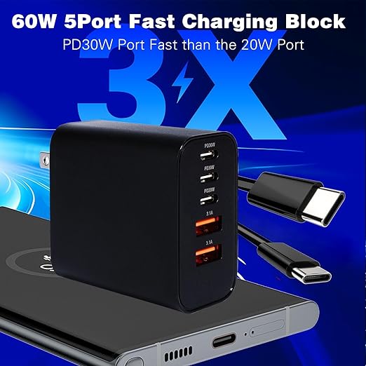 60W iPhone 17 16 15 Pro Charger Fast Charging Block,2Pack 5Port USB C Phon Charger Power Adapter,Multiport Type C Chargers 10FT Long USB C Cable for iPhone 17 Pro/17 ProMax/17 Air/16 ProMax/16e/15 Pro