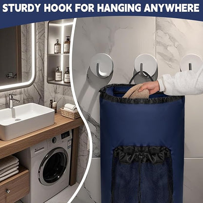 Laundry Bag Backpack with 3 Sizes Mesh Wash Bags and Shoulder Straps Foldable Clothes Hamper Bag with Drawstring Closure for College, Apartment, Laundromat (Dark Blue)