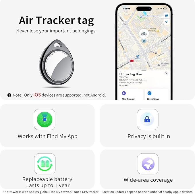 Air Tracker Tags-4 Pack, 5.3 Bluetooth Tracker Work with Apple Find My (iOS Only), 100dB Sound, Smart Tag with Keychain/Lanyard, Item Finder for Luggage/Key/Suitcase, Replaceable Battery, Black.