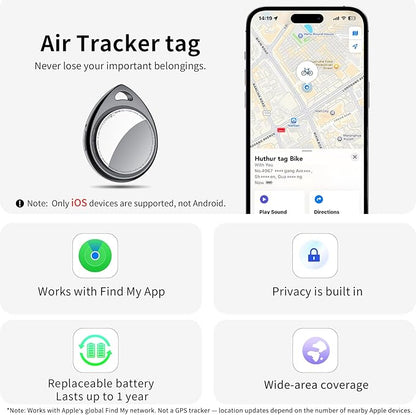 Air Tracker Tags-4 Pack, 5.3 Bluetooth Tracker Work with Apple Find My (iOS Only), 100dB Sound, Smart Tag with Keychain/Lanyard, Item Finder for Luggage/Key/Suitcase, Replaceable Battery, Black.