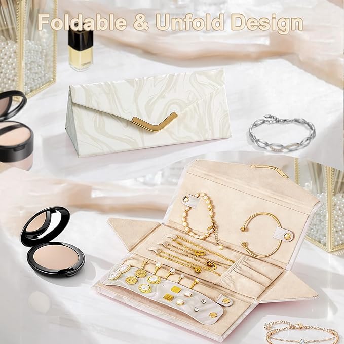 Yoobao Travel Jewelry Case for Women Girls, Triangle Jewelry Box Organizer, Small Foldable Storage Holder for Necklaces Earrings Rings Bracelets, Portable Travel Essentials Accessories