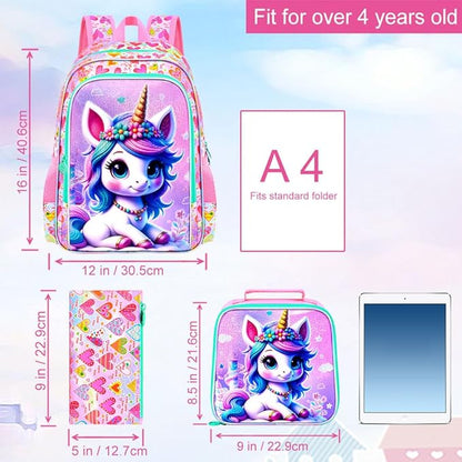 WZLVO 3PCS Kids Backpack for Girls, Unicorn Dinosaur Animal Prechool Elementary Kindergarten School Bookbag with Lunch Box