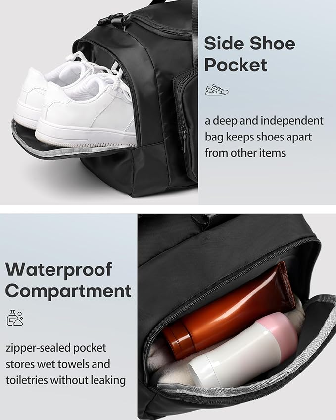 HOTOR Gym Bags for Men & Women - Spacious Duffle Bag with Shoe Compartment & Wet Pocket, Carry On Weekender Bag Portable Sports Duffel Bag for Workout, Fitness, Travel, Black, 22.6" x 11.2" x 13.6"